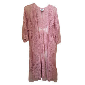Rachel Zoe Eyelet Lace Duster Pink Kimono Cover Up Embroidered Open Front OS